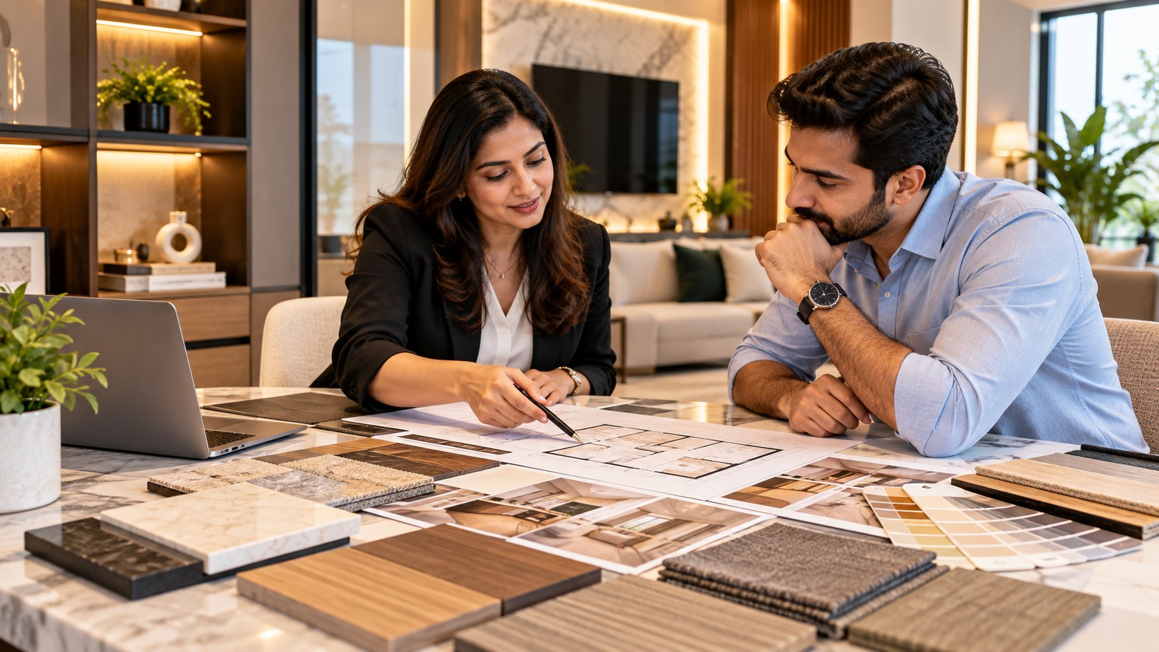 Interior consultation with plans and material samples