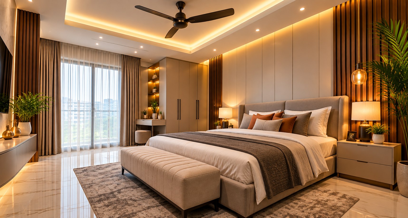 Modern bedroom with custom wardrobe and ambient lighting