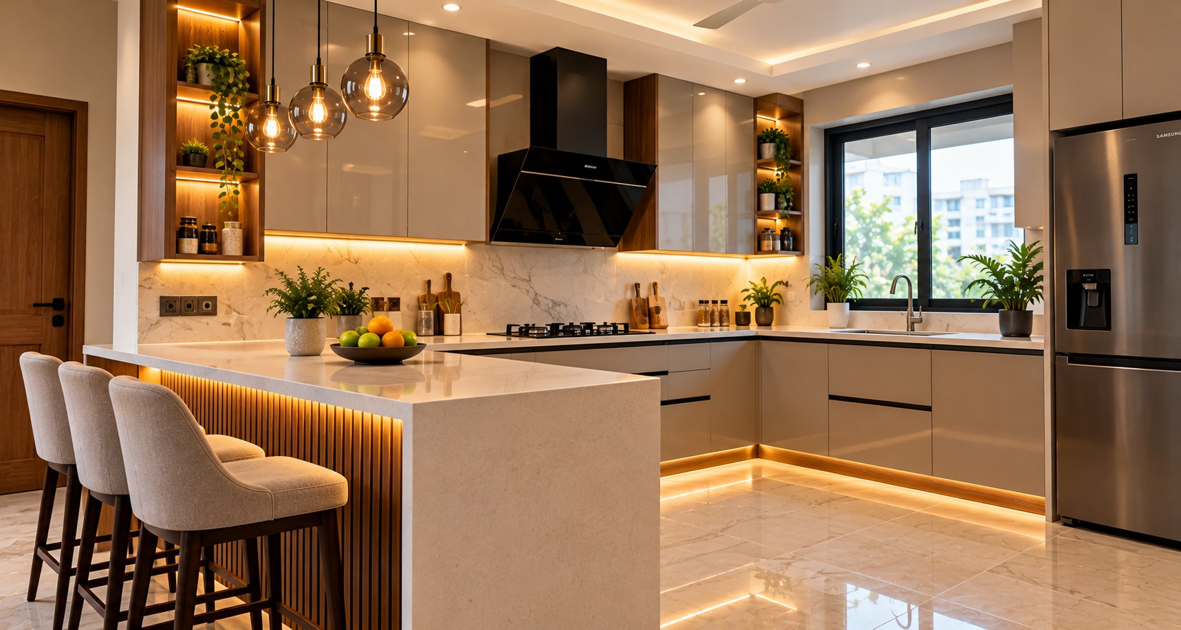 Modern modular kitchen with warm cabinetry